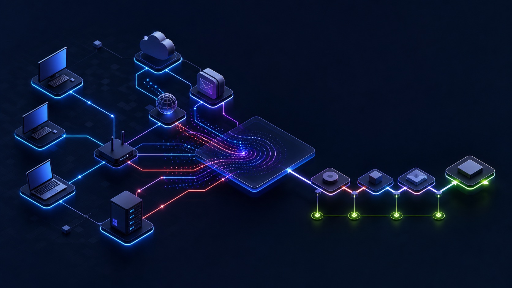 Abstract evidence signals converging into an ordered path from observation to verified action